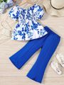 SHEIN Kids CHARMNG Toddler Girls' Floral Printed Bubble Sleeves Top & Flared Pants Summer Outfits