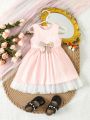 SHEIN Baby Girl Elegant & Sweet Satin Floral Dress With Pink Mesh Patchwork, Sleeveless With Gold Bowknot Decoration