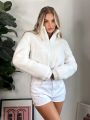 SHEIN Qutie Zip Up Crop Teddy Puffer Coat