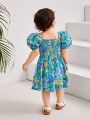 SHEIN Baby Girls' Casual Square Neck Bubble Short Sleeve Dress With Floral Pattern