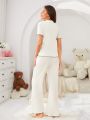 Ladies' New Fashion, Simple And Casual, White, Loose Long Pants Short Sleeve Buttoned Top, 2-Piece, Home Wear