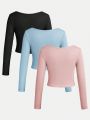 SHEIN 3pcs Tween Girls' Daily Casual Solid Color Long Sleeve Knitted T-Shirt