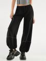 Forever 21 Women's Loose Fit Casual Sweatpants With Contrast Color Rolled Edge Decoration