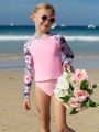 Tween Girl Tropical Print Rashguard Swimsuit With Bikini Bottoms And Shorts