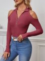 SHEIN Essnce Solid Half Zip Cold Shoulder Tee