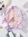 SHEIN Girls' (Big Kid) Letter Print Contrast Color Baseball Jacket