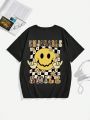 Teen Girls' Casual Cartoon Smiling Face & Letter Print Short Sleeve T-Shirt, Summer