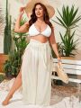 SHEIN Swim Basics Plus Split Thigh Belted Wide Leg Cover Up Pants With Bikini Bottom