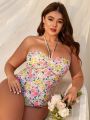 SHEIN Swim Mod Plus Size Floral Print Halter One Piece Swimsuit