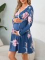 Maternity Lace Trimmed Floral Printed Long Sleeve Nightgown