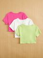 SHEIN Kids SUNSHNE Tween Girls' Solid Color Round Neck Ruched Casual Slim Fit T-Shirt