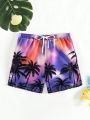 Tween Boys' Drawstring Coconut Tree Printed Swimming Trunks