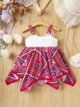 Summer Baby Girls' Fashionable Vintage Geometric Printed Spaghetti Strap Dress