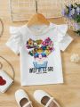 SHEIN Kids QTFun Toddler Girls Figure & Slogan Graphic Ruffle Trim Tee