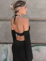 SHEIN Privé Solid Split Thigh Halter Neck Backless Dress