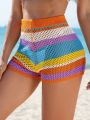 SHEIN Swim BohoFeel Women'S Striped Hollow Out Knit Cover Up Shorts