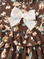 Baby Girl Floral Print Ruffle Trim Flounce Sleeve Bow Front Dress