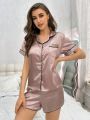 Women'S Color Blocking Hem Short Sleeve Shirt And Shorts Pajama Set