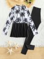 Teen Girls' Palm Tree Print Long Sleeve Tankini Swimsuit Set