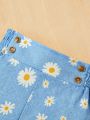 SHEIN Baby Girl'S Casual Flower Patterned, Bow-Knot Elastic Waist, Denim-Like Shorts