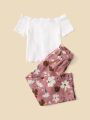 SHEIN Kids SUNSHNE Toddler Girls Button Up Tee & Floral Print Pants Set