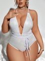 SHEIN Swim SXY Plus Size Deep V-neck Halter Cross Back One-piece Swimsuit