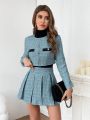 SHEIN Privé Women's Plaid Jacket And Pleated Skirt Set