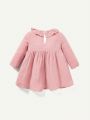 Cozy Cub 2pcs Baby Girls' Round Neck Ruffle & Hollow Out Detail Long Sleeve Dress With Waist Tightening Design