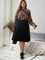 EMERY ROSE Plus Size Strappy Floral Print Patchwork Pleated Dress
