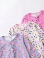 3pcs Baby Girls' Floral Heart Print Romper