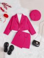 SHEIN Kids FANZEY Young Girl Double Breasted Blazer & Skirt & Hat