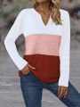 Color Block Notched Neckline Long Sleeve T-Shirt