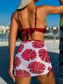 SHEIN Swim Vcay Ladies' Solid Color Bikini With Printed Beach Cover-Up And Skirt Set