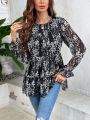 SHEIN LUNE Women's Chiffon Small Floral Print Round Neck Long Sleeve Shirt