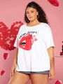 SHEIN CURVE+ Women's Plus Size Round Neck White Printed T-shirt