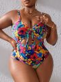 SHEIN Swim Vcay Plus Size Hollow Out Lace-Up One-Piece Swimsuit With Floral Print