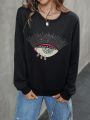 SHEIN Coolane Rhinestone Eye Pattern Round Neck Sweatshirt