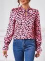 SHEIN LUNE Ladies' Long Sleeve Shirt With Heart Print And Ruffle Hem