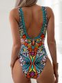SHEIN Swim Summer Beach Floral Print Chain Linked One Piece Swimsuit