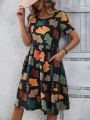 Women's Ginkgo Leaf Printed Dress With Double Pockets