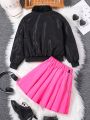 SHEIN Kids Nujoom Older Girl's Velvet Jacket And Chain Detail Skirt Two-piece Set