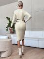 SHEIN Privé Contrast Binding Belted Bodycon Sweater Dress