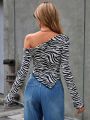 SHEIN Essnce Zebra Striped Irregular Hem Long Sleeve T-Shirt