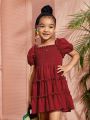 SHEIN Kids EVRYDAY Little Girls' Bubble Sleeves Off Shoulder A-Line Dress