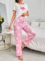 Women'S Letter Printed Short Sleeve T-Shirt And Heart Patterned Pants Pajama Set