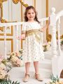 SHEIN Kids Nujoom Little Girls' Gold Foil Print Woven Tape Trim Patchwork Tassel Decoration Dress