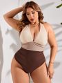 SHEIN Swim Vcay Plus Size Deep V-Neck Halter One Piece Swimsuit With Backless Design