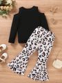 SHEIN Kids Nujoom Little Girls' Casual Hollow Out Shoulder Round Neck Long Sleeve Slim Fit Letter Pattern Printed T-Shirt And Leopard Print Flare Pants With Elastic Waistband Set For Spring And Autumn