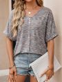 V-Neck Batwing Sleeve T-Shirt With Button Detail