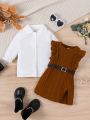 SHEIN Baby Girls' Casual Vintage Elegant Turn-down Collar Top With Dress Set And Belt, Suitable For Going Out